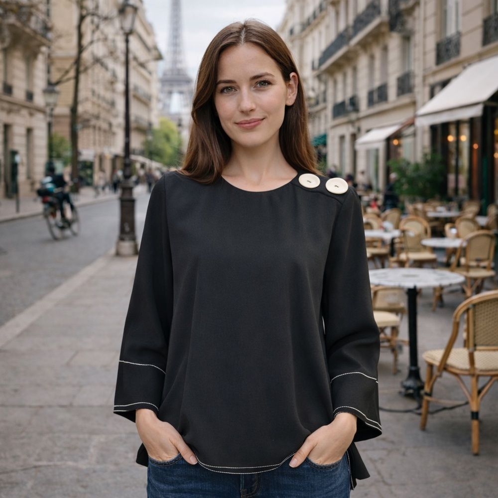 NWT ZARA Women 3/4 Sleeve High-Low Contrast Stitch Button Blouse SZ XXS Black